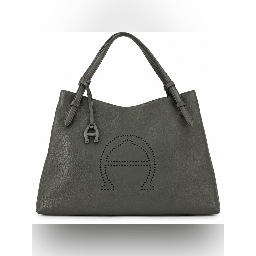 Etienne Aigner Leather Tote Dark Sage Gray Horseshoe Logo NWT